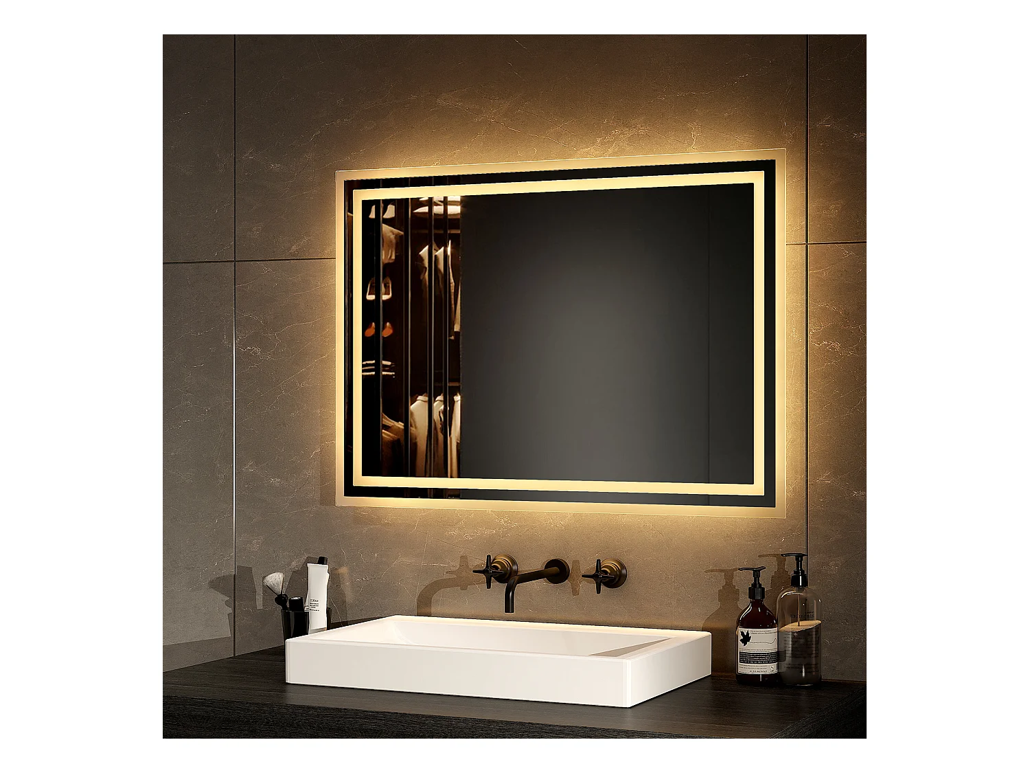 EMKE Miroir lumineux salle de bain 70x50cm, Miroir avec éclairage Miroir LED, Lumière Blanche Chaude