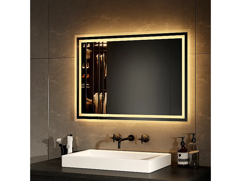 EMKE Miroir lumineux salle de bain 70x50cm, Miroir avec éclairage Miroir LED, Lumière Blanche Chaude
