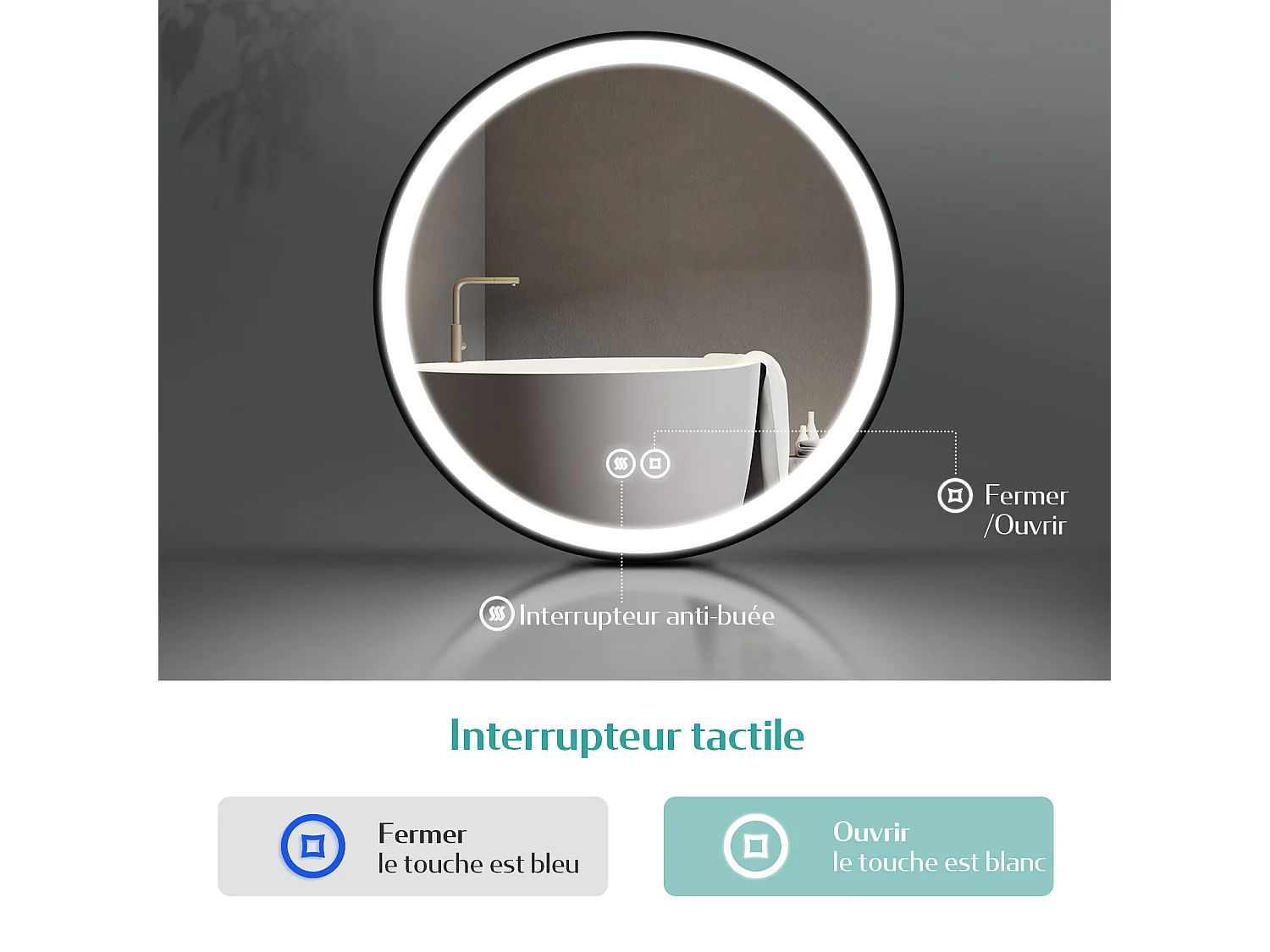 EMKE Miroir lumineux salle de bain rond diamètre 70cm cadre noir, Sangle réglable, Miroir LED avec Interrupteur Tactile, Anti-buée, Lumière Froide