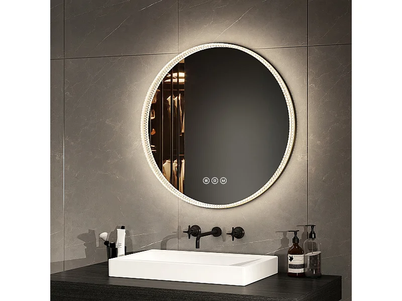 EMKE Miroir lumineux salle de bain rond 60cm Cadre Doré, Miroir LED avec Interrupteur Tactile, Anti-buée, Miroir avec éclairage 3 couleurs