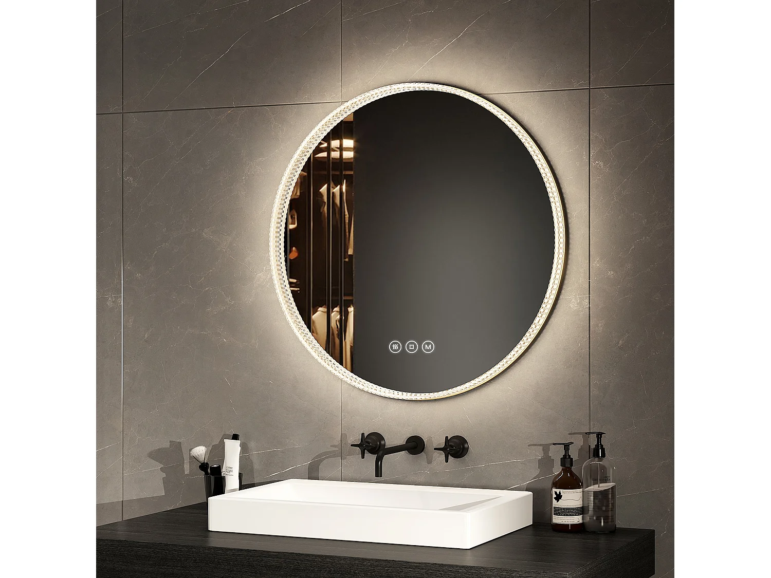 EMKE Miroir lumineux salle de bain rond 60cm Cadre Doré, Miroir LED avec Interrupteur Tactile, Anti-buée, Miroir avec éclairage 3 couleurs
