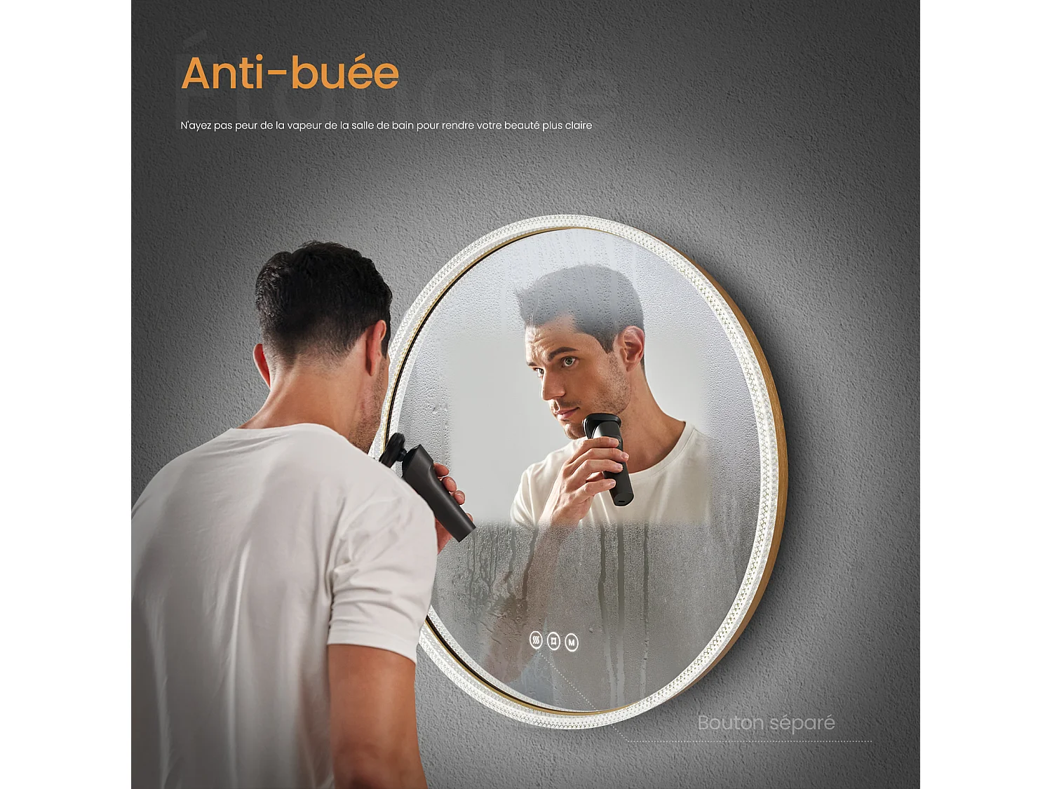 EMKE Miroir lumineux salle de bain rond 60cm Cadre Doré, Miroir LED avec Interrupteur Tactile, Anti-buée, Miroir avec éclairage 3 couleurs