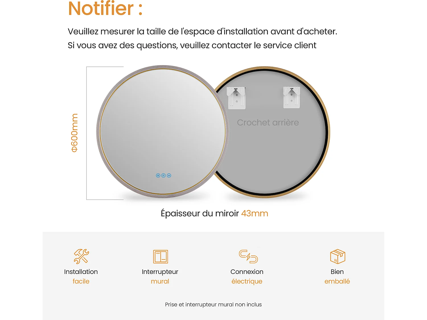 EMKE Miroir lumineux salle de bain rond 60cm Cadre Doré, Miroir LED avec Interrupteur Tactile, Anti-buée, Miroir avec éclairage 3 couleurs