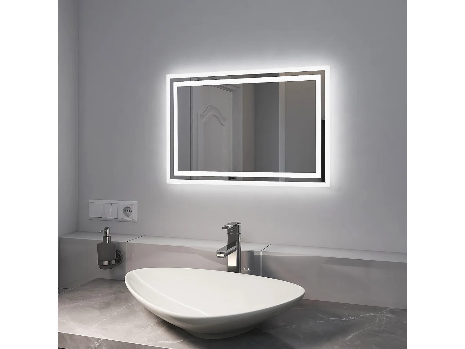 EMKE Miroir lumineux salle de bain 60x40cm, Miroir LED avec Interrupteur à bouton, Anti-buée, Miroir avec éclairage lumière Blanche Froide/Chaude