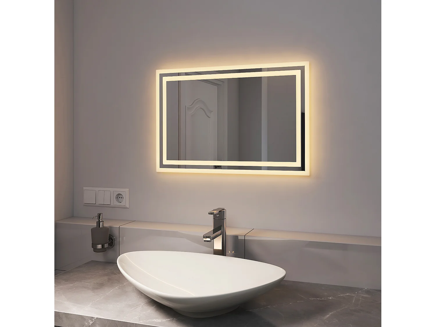 EMKE Miroir lumineux salle de bain 60x40cm, Miroir LED avec Interrupteur à bouton, Anti-buée, Miroir avec éclairage lumière Blanche Froide/Chaude