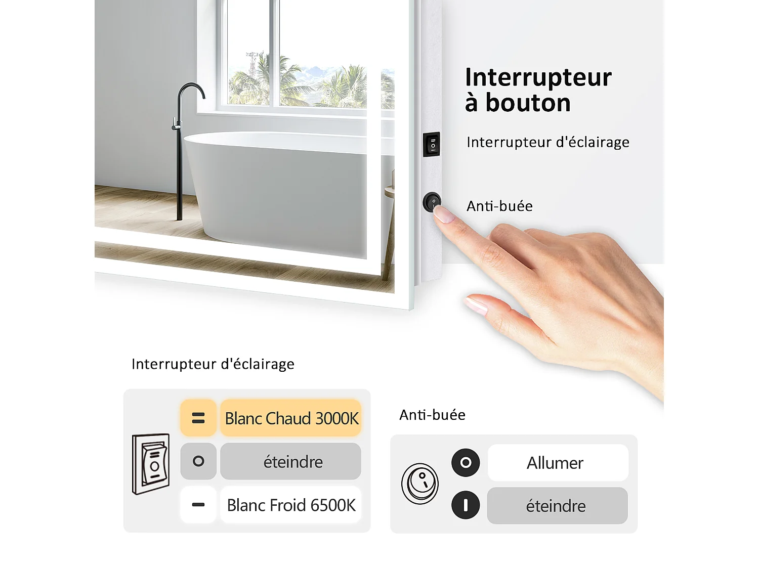 EMKE Miroir lumineux salle de bain 60x40cm, Miroir LED avec Interrupteur à bouton, Anti-buée, Miroir avec éclairage lumière Blanche Froide/Chaude