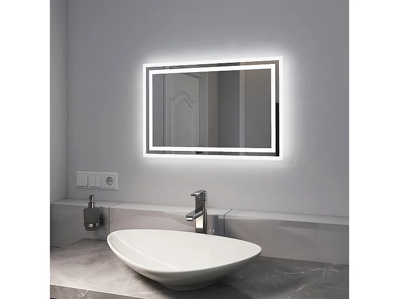 EMKE Miroir lumineux salle de bain 60x40cm, Miroir LED avec Interrupteur à bouton, Anti-buée, Miroir avec éclairage lumière Blanche Froide/Chaude