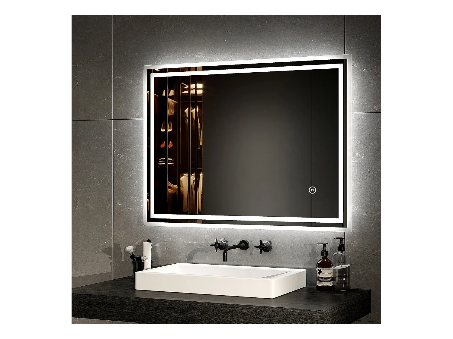 EMKE Miroir lumineux salle de bain 80x60cm, Miroir avec éclairage, Interrupteur tactile, Miroir LED Lumière Blanche Froide
