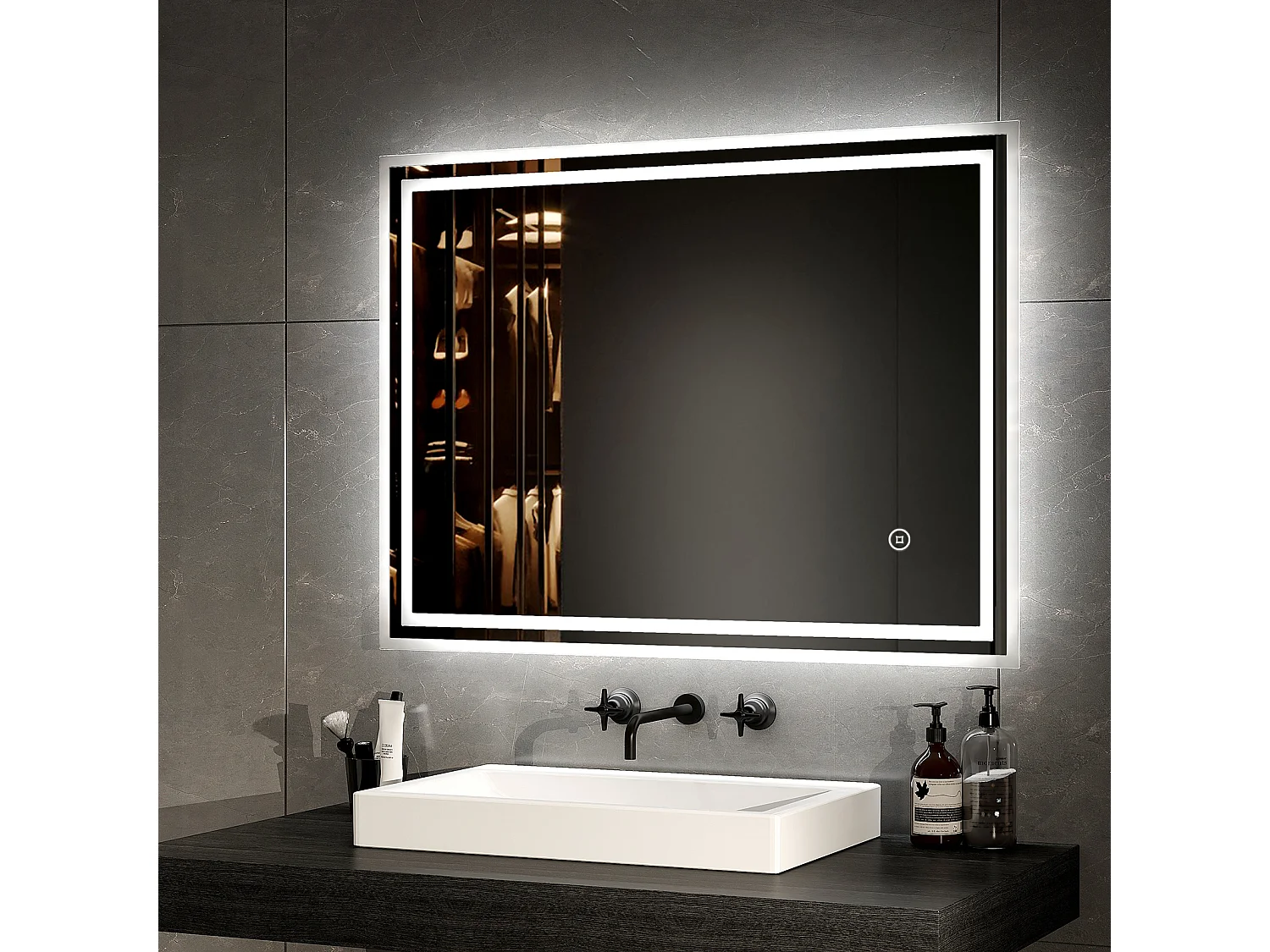 EMKE Miroir lumineux salle de bain 80x60cm, Miroir avec éclairage, Interrupteur tactile, Miroir LED Lumière Blanche Froide