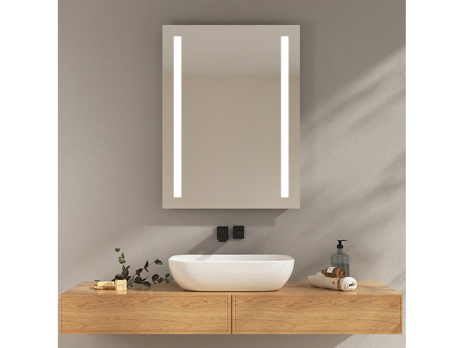EMKE Miroir lumineux salle de bain 60x80cm, Miroir LED avec Interrupteur à bouton, Anti-buée, Miroir avec éclairage lumière Blanche Froide/Chaude