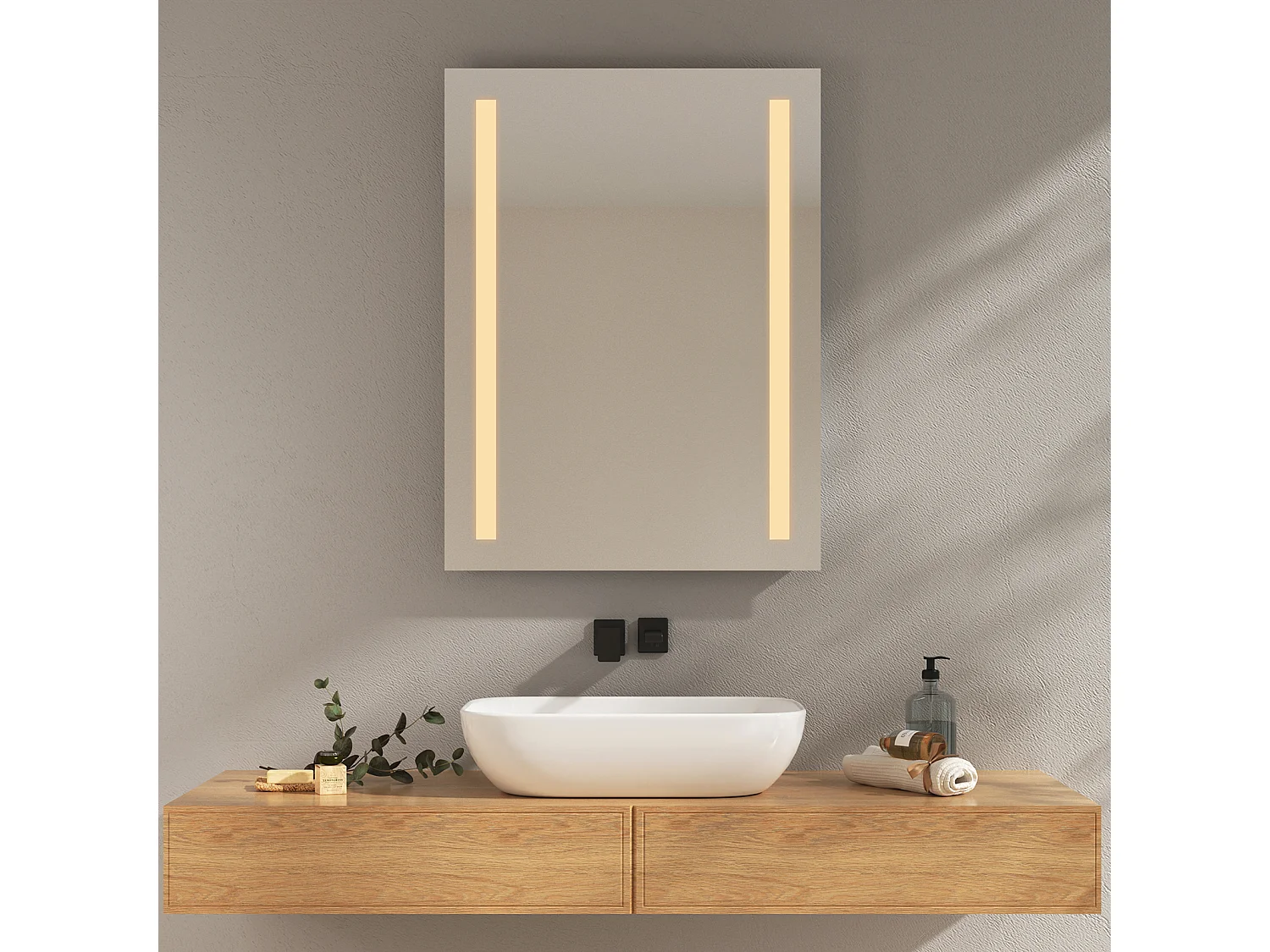 EMKE Specchio da bagno illuminato con interruttore a pulsante, antiappannamento, luce bianca fredda/calda | 60x80cm