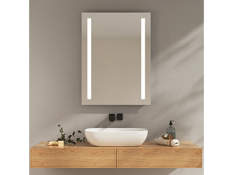 EMKE Miroir lumineux salle de bain 60x80cm, Miroir LED avec Interrupteur à bouton, Anti-buée, Miroir avec éclairage lumière Blanche Froide/Chaude