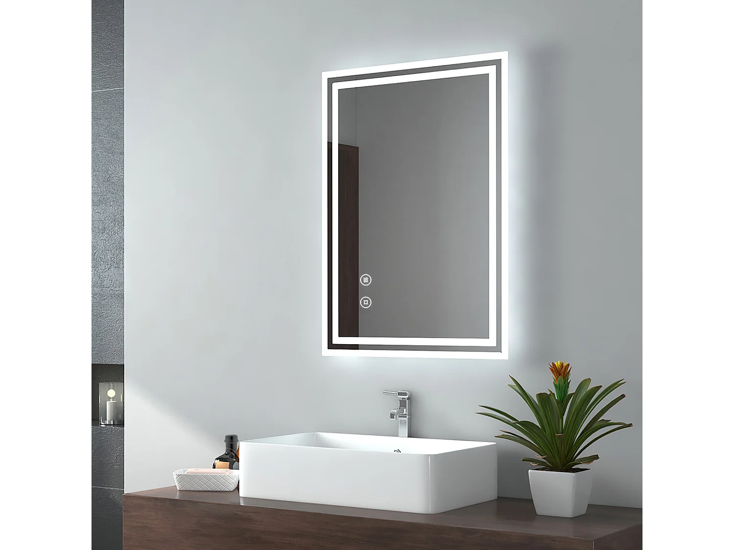 EMKE Miroir lumineux salle de bain 50x70cm, Miroir avec l'éclairage, Interrupteur Tactile, Anti-buée, Miroir LED avec Lumière Blanche Froide