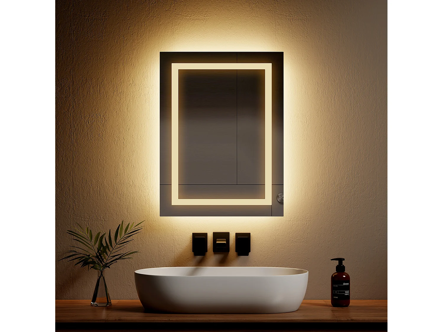 EMKE Verlichte badkamer spiegel 60x40cm, LED Spiegel met knopschakelaar, Anti-condens, Spiegel met koud/warm wit licht