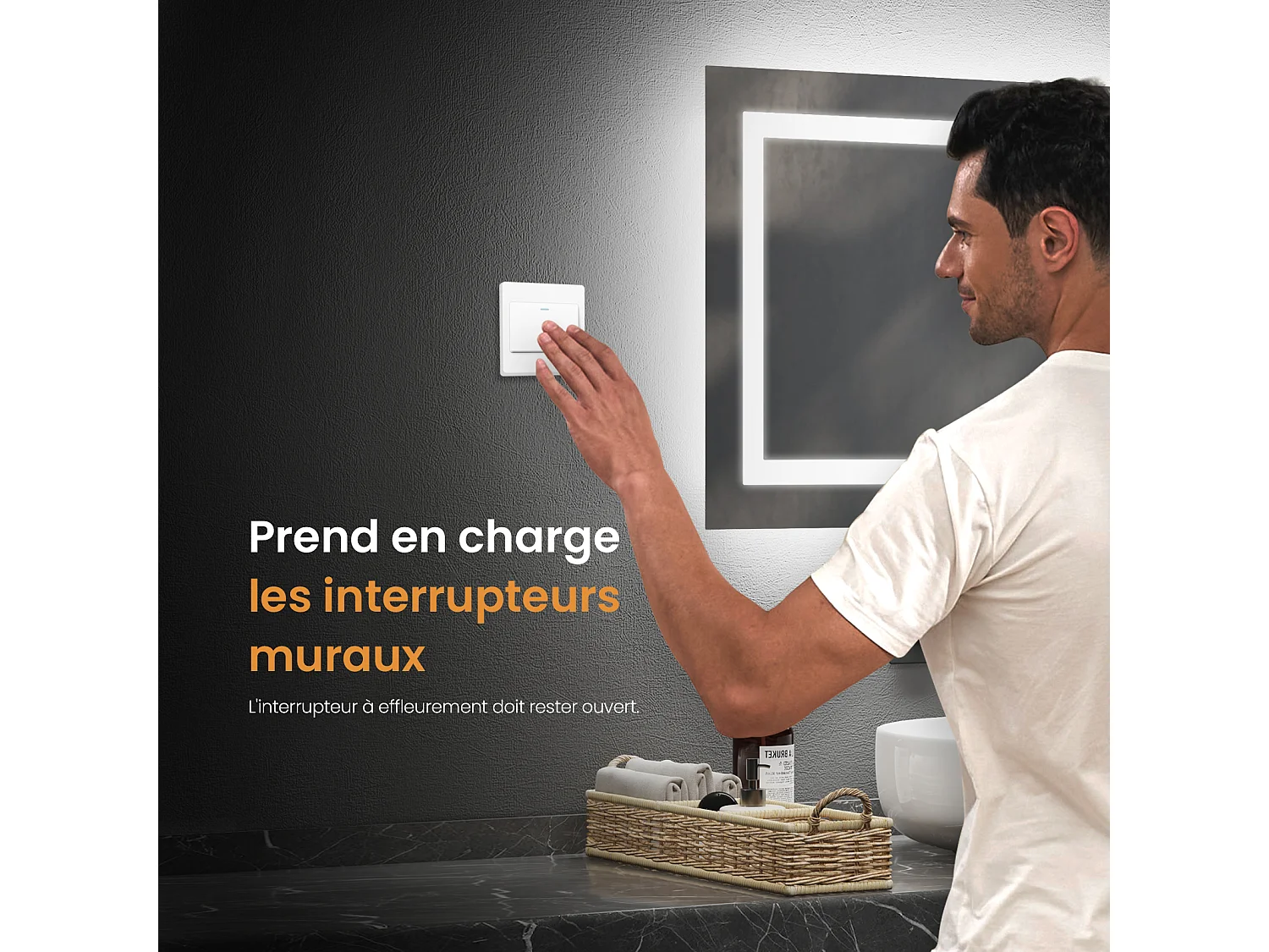 EMKE Miroir lumineux salle de bain 60x40cm, Miroir LED avec Interrupteur à bouton, Anti-buée, Miroir avec éclairage lumière Blanche Froide/Chaude