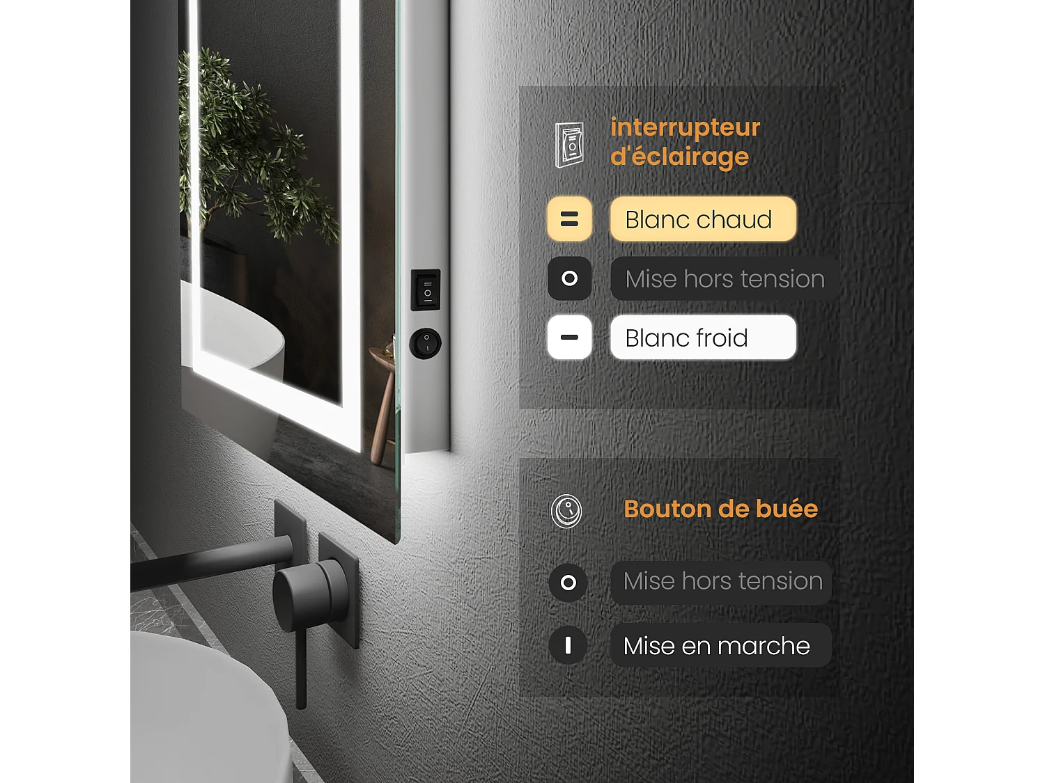 EMKE Miroir lumineux salle de bain 60x40cm, Miroir LED avec Interrupteur à bouton, Anti-buée, Miroir avec éclairage lumière Blanche Froide/Chaude