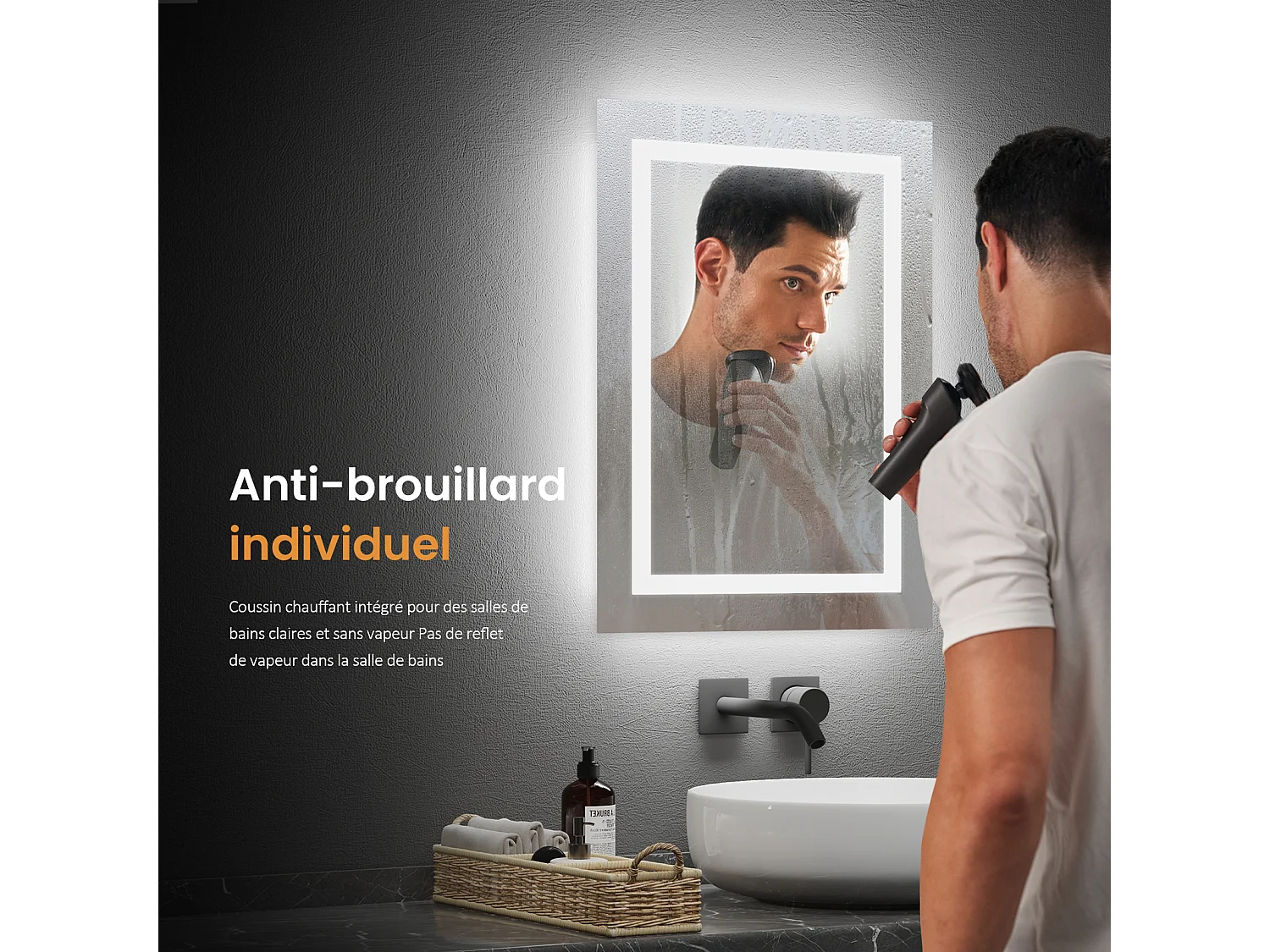 EMKE Miroir lumineux salle de bain 60x40cm, Miroir LED avec Interrupteur à bouton, Anti-buée, Miroir avec éclairage lumière Blanche Froide/Chaude