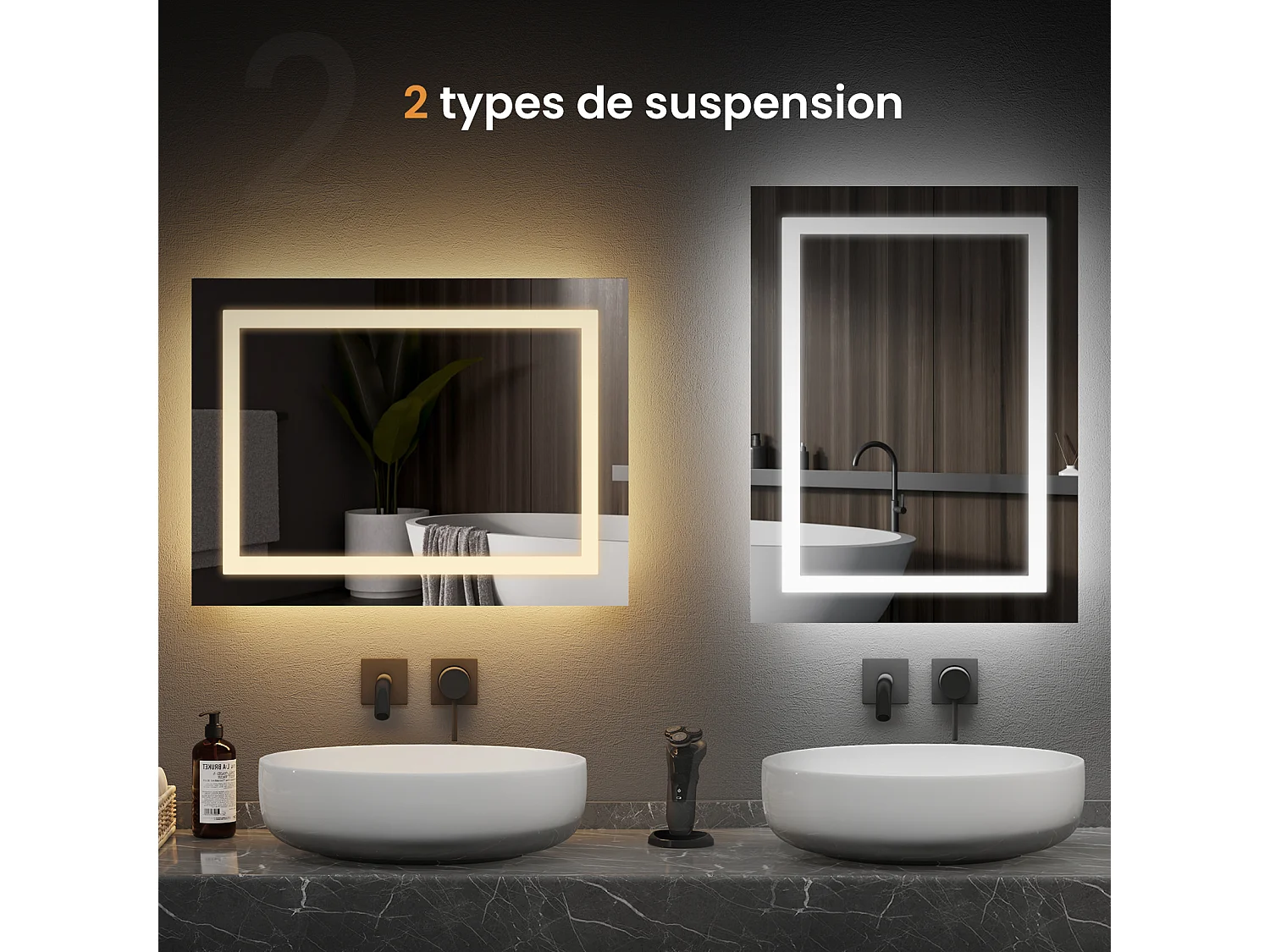 EMKE Miroir lumineux salle de bain 60x40cm, Miroir LED avec Interrupteur à bouton, Anti-buée, Miroir avec éclairage lumière Blanche Froide/Chaude