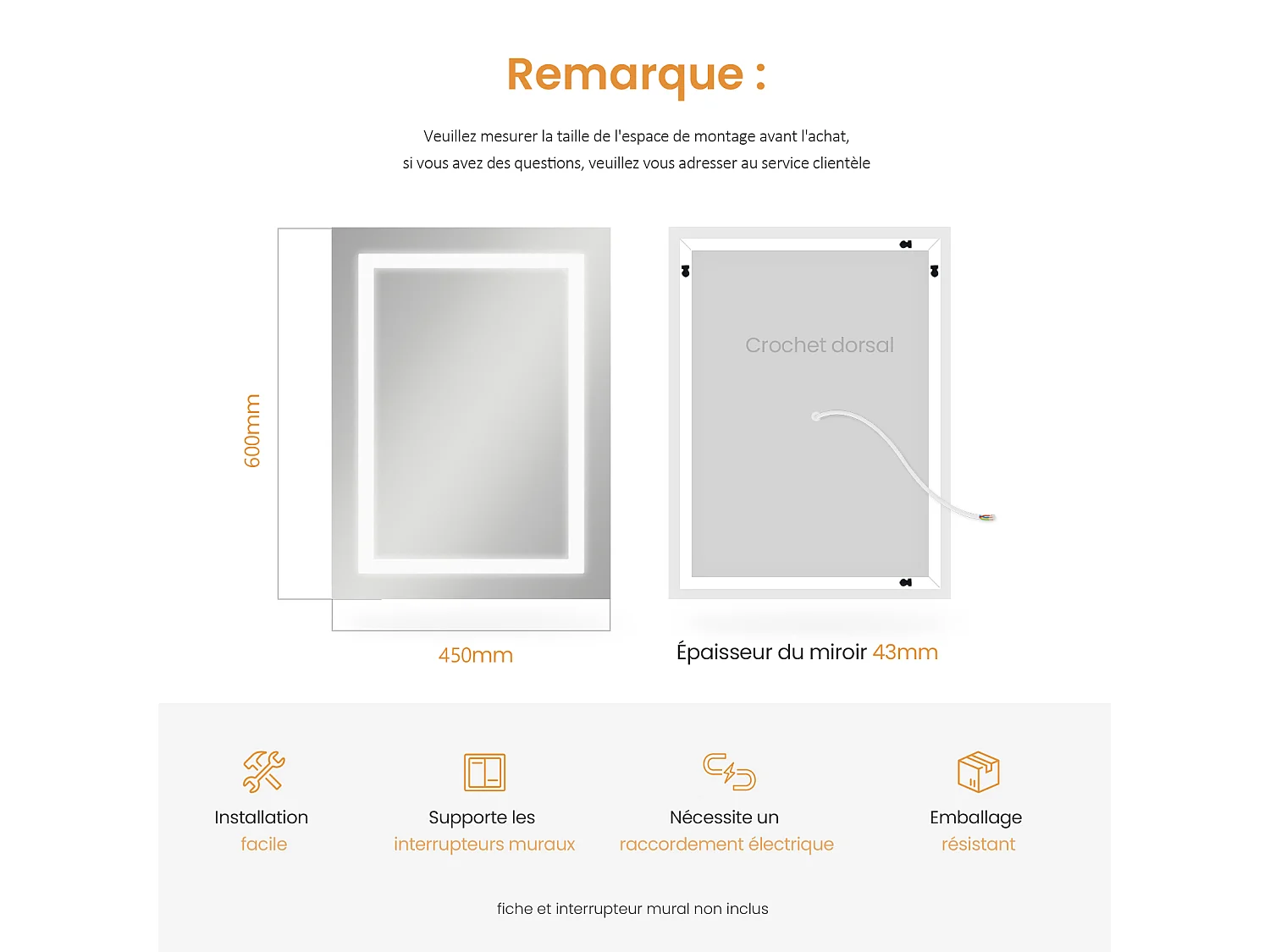 EMKE Miroir lumineux salle de bain 60x40cm, Miroir LED avec Interrupteur à bouton, Anti-buée, Miroir avec éclairage lumière Blanche Froide/Chaude