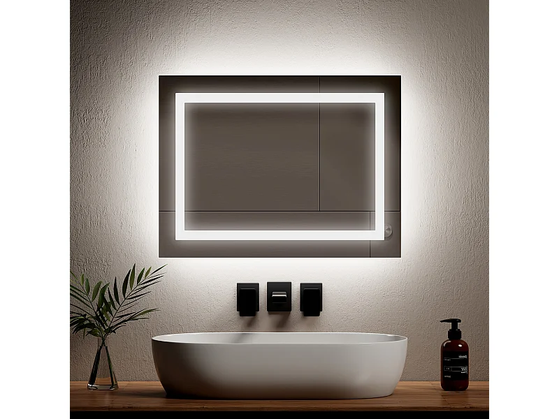 EMKE Miroir lumineux salle de bain 60x40cm, Miroir LED avec Interrupteur à bouton, Anti-buée, Miroir avec éclairage lumière Blanche Froide/Chaude