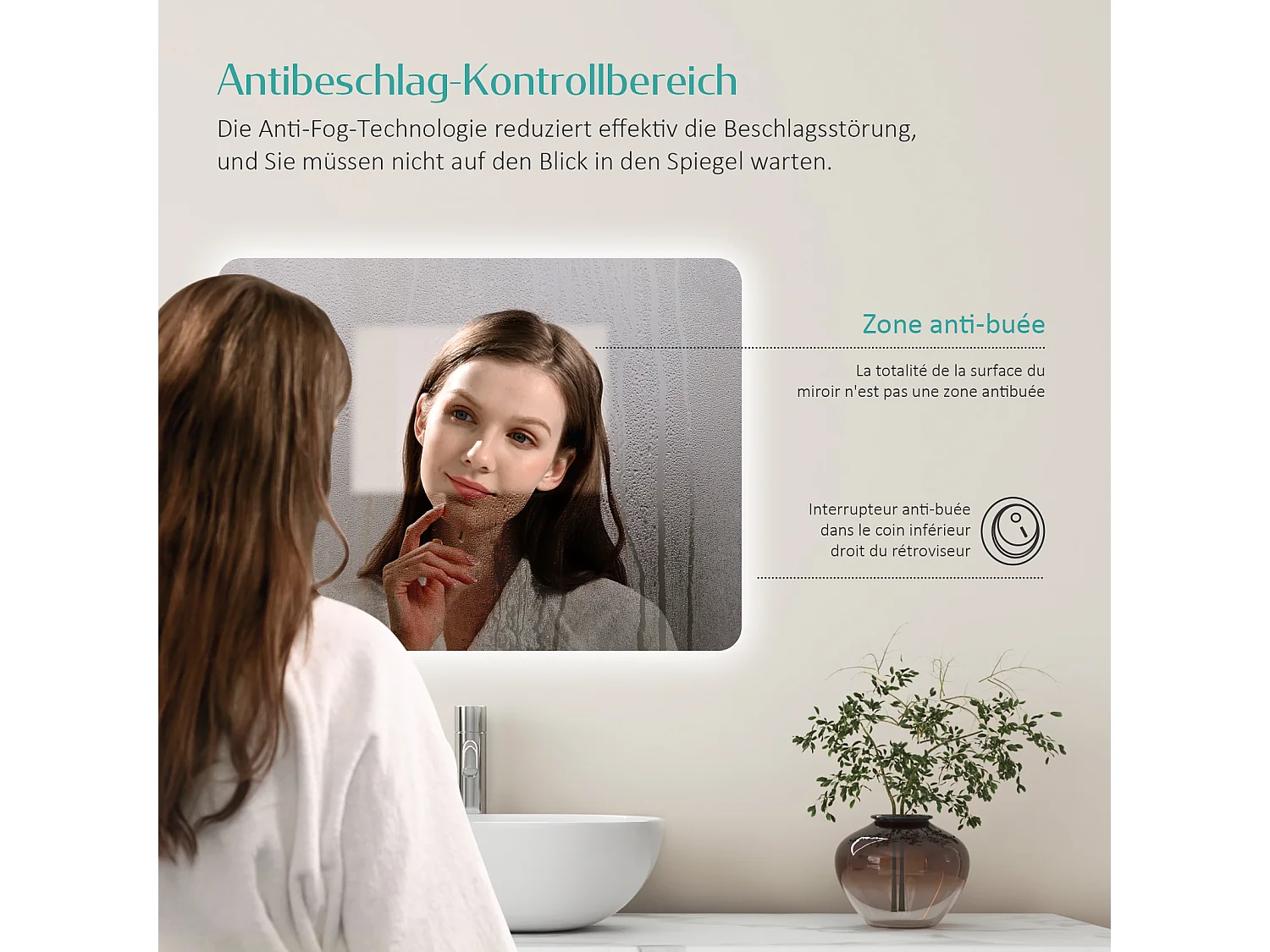 EMKE Miroir lumineux salle de bain Rétro-éclairage 50x60cm, Miroir LED avec Interrupteur à bouton, Anti-buée, lumière Blanche Froide/Chaude