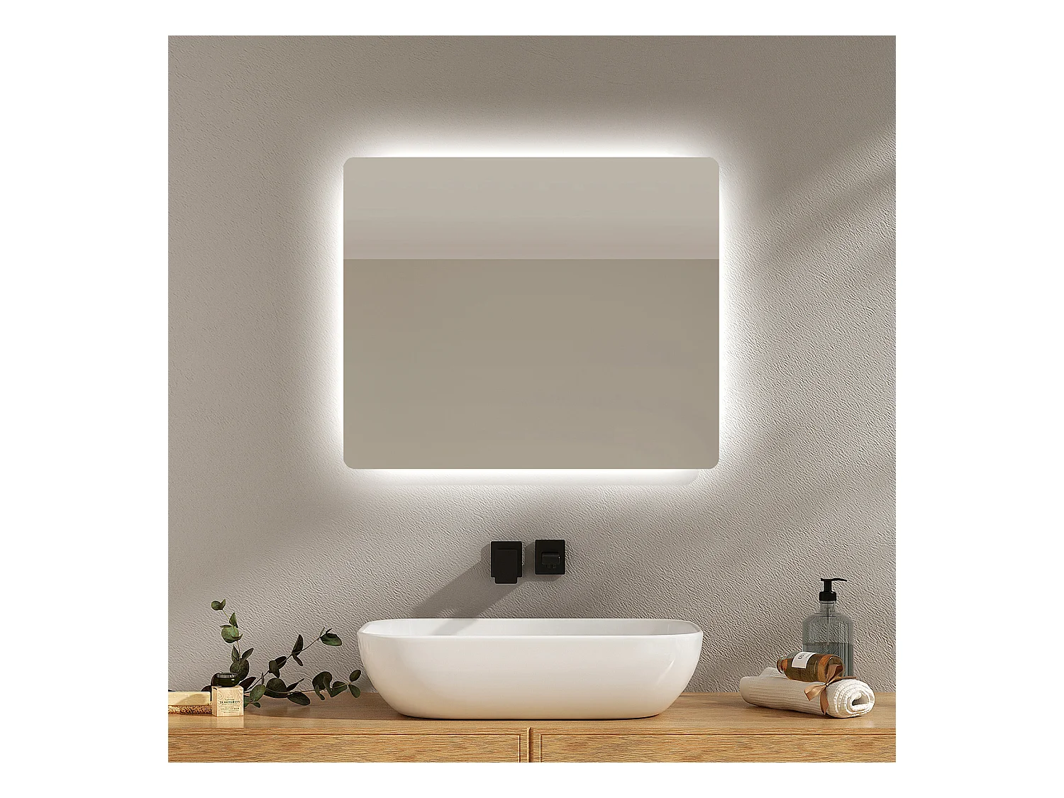EMKE Specchio da bagno retroilluminato con interruttore a pulsante, antiappannamento, due colori trasparenti | 60x50 cm Luce bianca fredda/calda