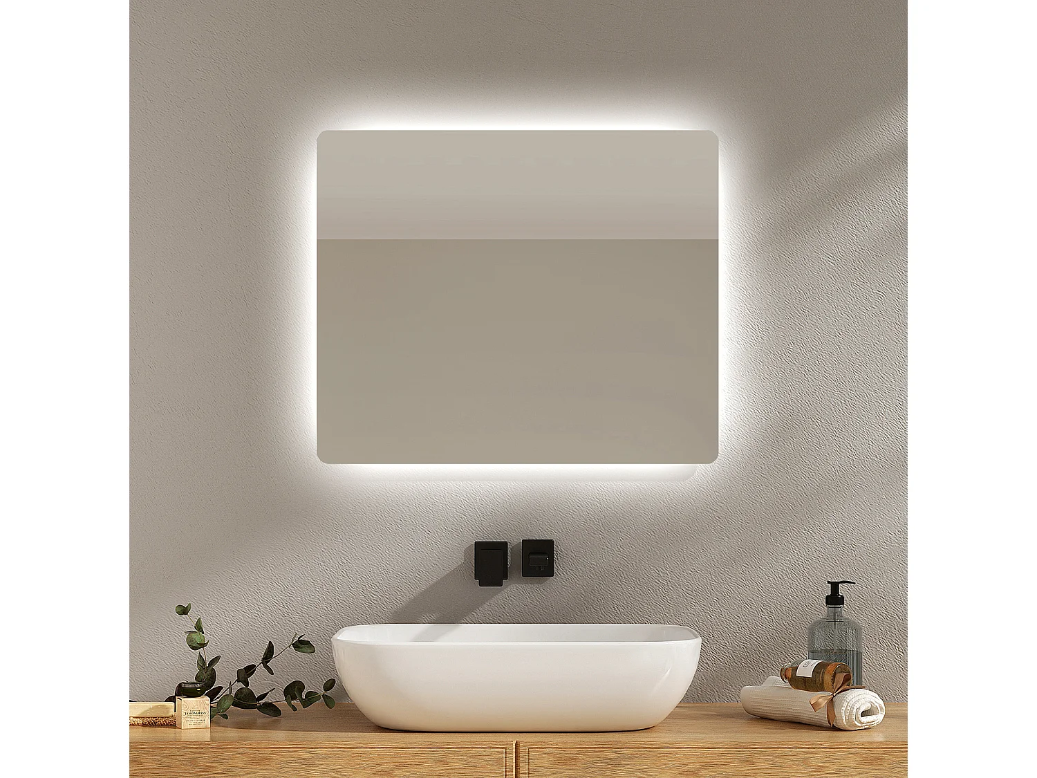 EMKE Miroir lumineux salle de bain Rétro-éclairage 50x60cm, Miroir LED avec Interrupteur à bouton, Anti-buée, lumière Blanche Froide/Chaude
