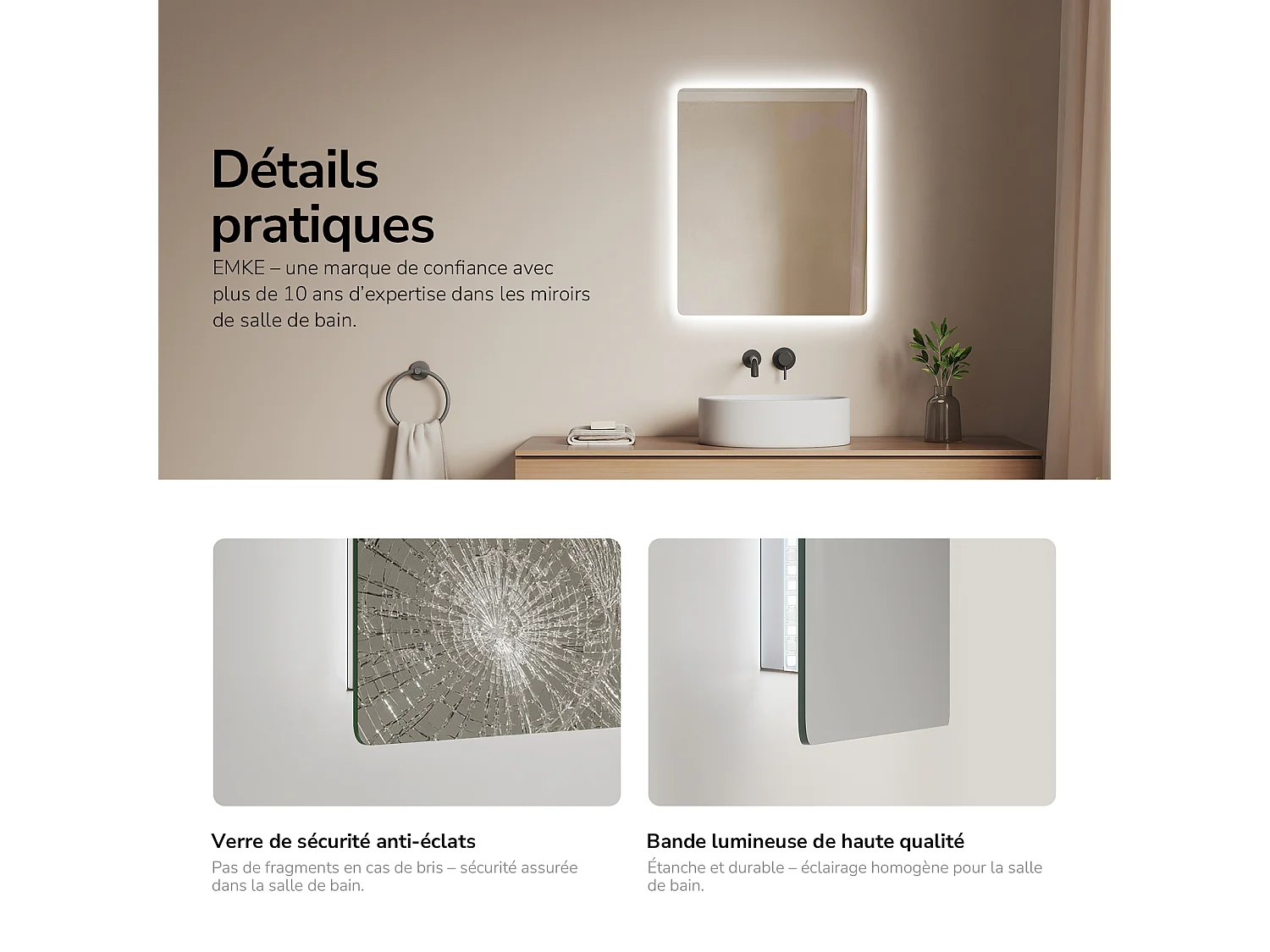 EMKE Miroir Salle de Bain LED 60x50cm, Rétro-éclairage, Interrupteur à bouton, Anti-buée, Blanc Froid/Chaud