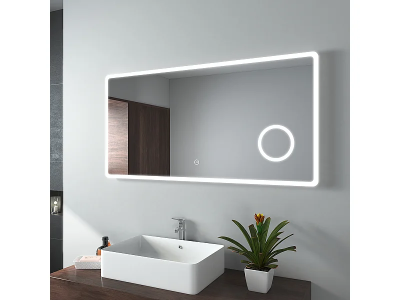EMKE Miroir lumineux salle de bain 120x60cm, Miroir LED avec Interrupteur Tactile, 3x Grossissement, Miroir avec éclairage Lumière Blanche Froide