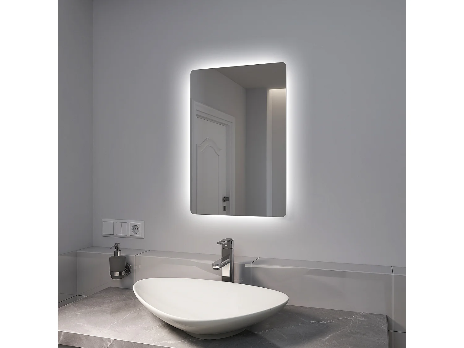 EMKE Miroir lumineux salle de bain Rétro-éclairage 60x40cm, Miroir LED avec Interrupteur à bouton, Anti-buée, lumière Blanche Froide/Chaude