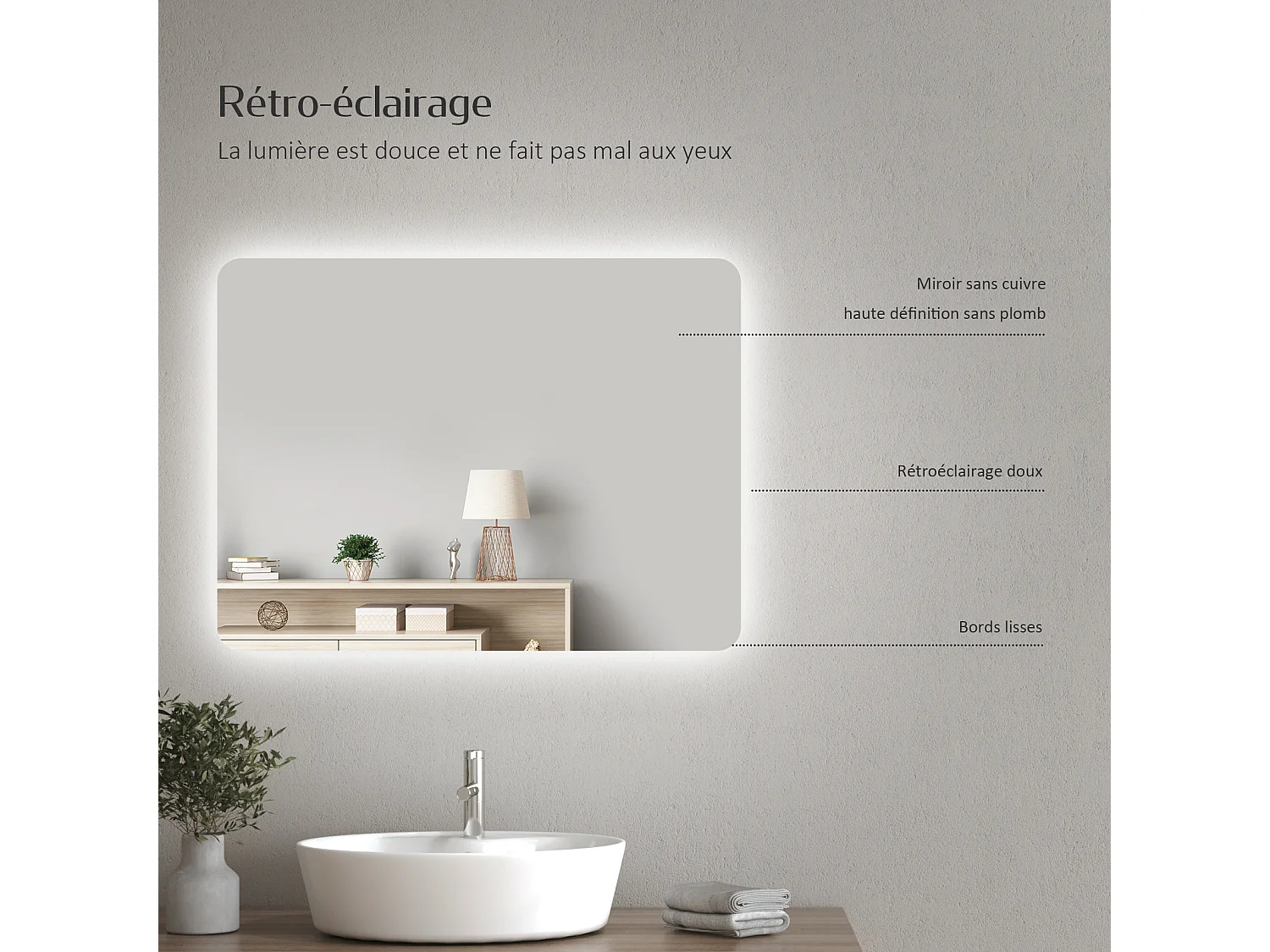 EMKE Miroir lumineux salle de bain Rétro-éclairage 60x40cm, Miroir LED avec Interrupteur à bouton, Anti-buée, lumière Blanche Froide/Chaude