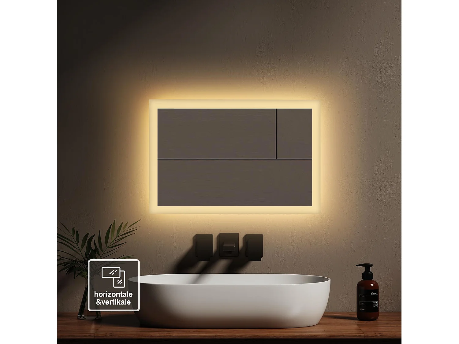 EMKE Miroir Salle de Bain 60x40cm Miroir lumineux LED, Miroir Cosmétiques Mural avec éclairage, Lumière Blanche Chaude,  Interrupteur mural