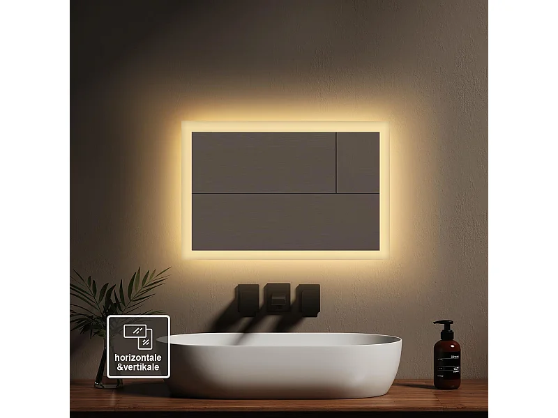 EMKE Miroir Salle de Bain 60x40cm Miroir lumineux LED, Miroir Cosmétiques Mural avec éclairage, Lumière Blanche Chaude,  Interrupteur mural