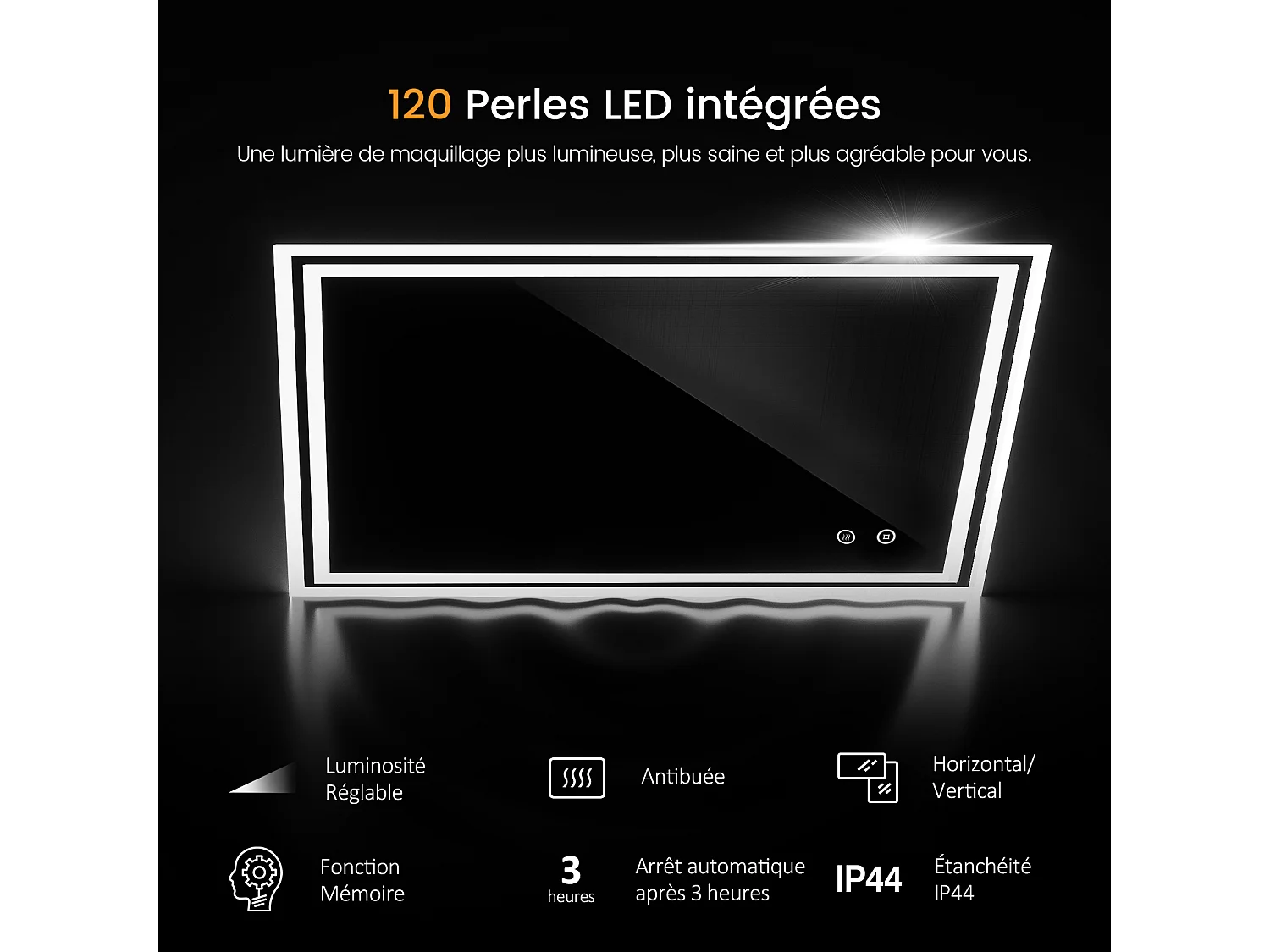 EMKE Miroir lumineux salle de bain 60x80cm, Miroir avec l'éclairage, Interrupteur Tactile, Anti-buée, Miroir LED avec Lumière Blanche Froide