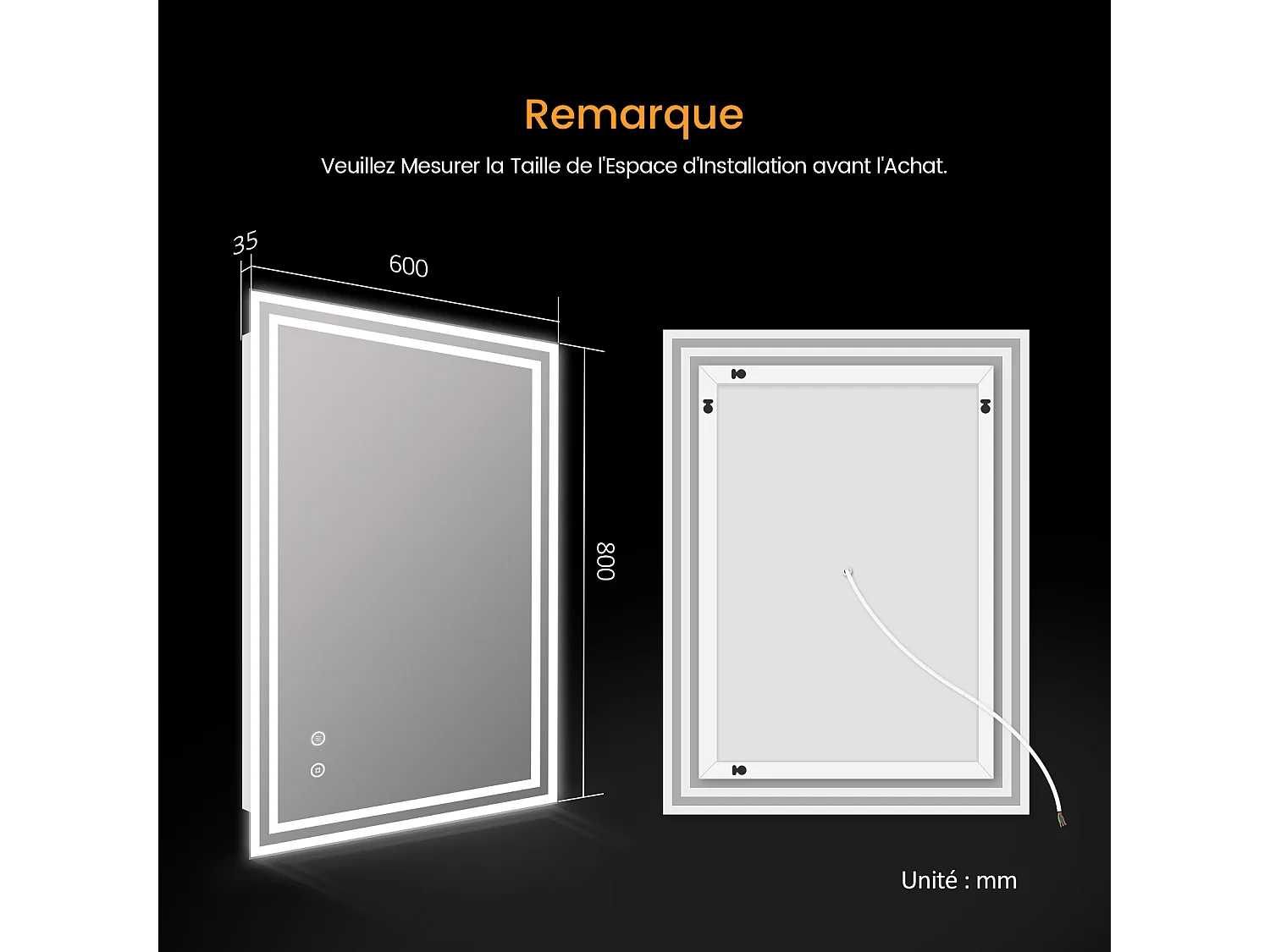 EMKE Miroir lumineux salle de bain 60x80cm, Miroir avec l'éclairage, Interrupteur Tactile, Anti-buée, Miroir LED avec Lumière Blanche Froide
