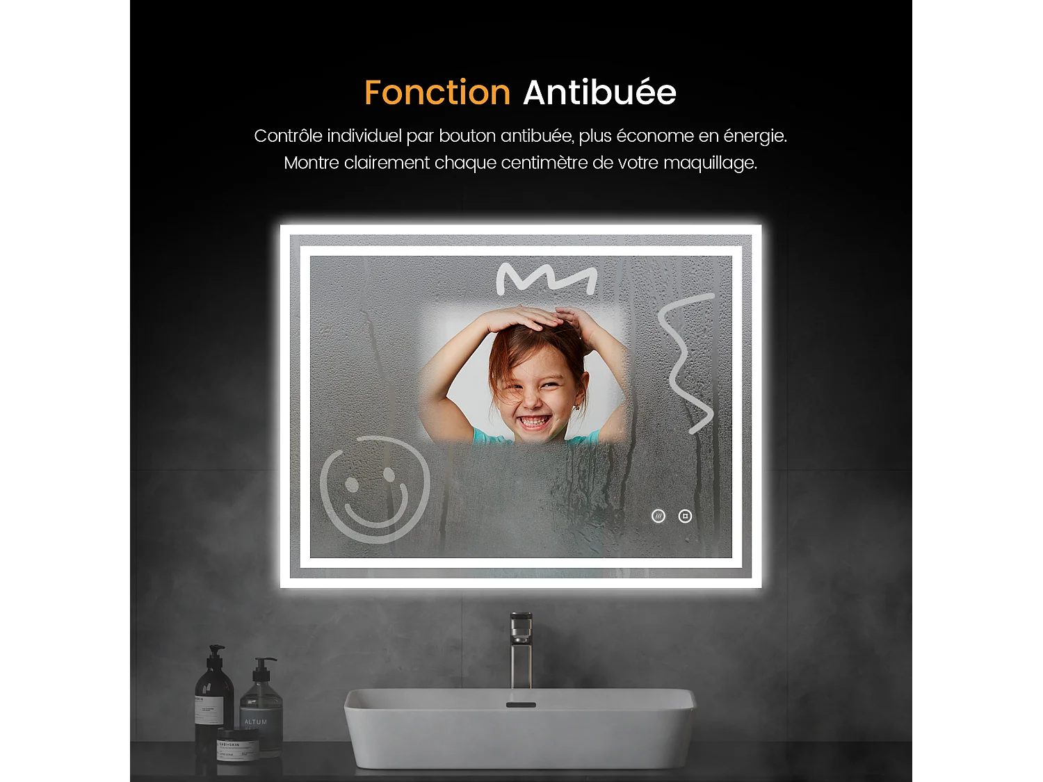 EMKE Miroir lumineux salle de bain 60x80cm, Miroir avec l'éclairage, Interrupteur Tactile, Anti-buée, Miroir LED avec Lumière Blanche Froide
