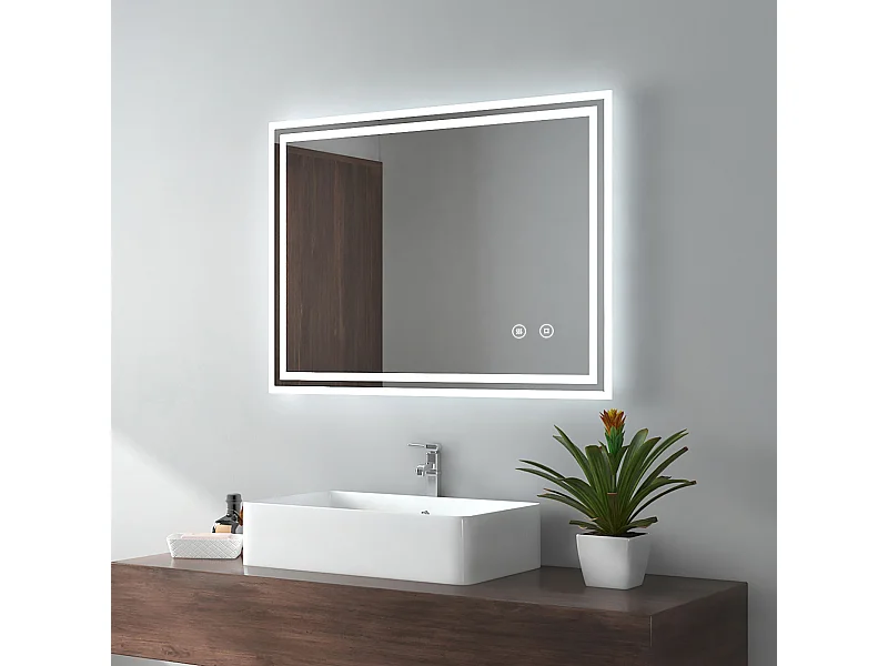 EMKE Miroir lumineux salle de bain 60x80cm, Miroir avec l'éclairage, Interrupteur Tactile, Anti-buée, Miroir LED avec Lumière Blanche Froide