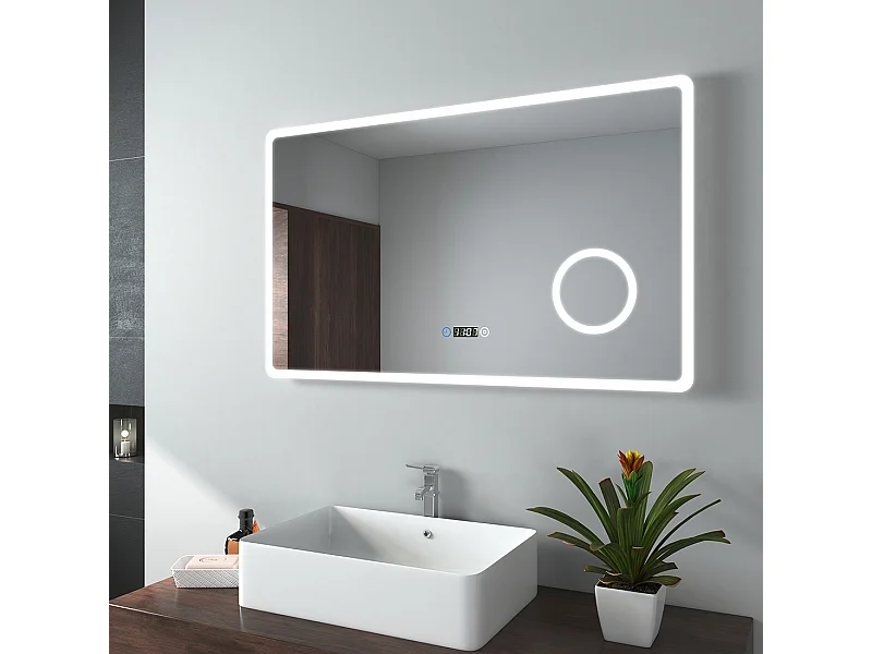EMKE Miroir lumineux salle de bain 100x60cm, Miroir LED avec Interrupteur Tactile, 3x Grossissement, Horloge, Lumière Blanche Froide/Chaude/Neutre