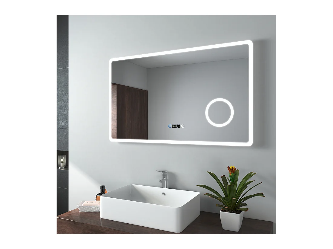 EMKE Specchio da bagno LED con lente d'ingrandimento 3 volte 100x60cm, interruttore sensibile al tocco, orologio, luce bianca fredda/calda/neutra