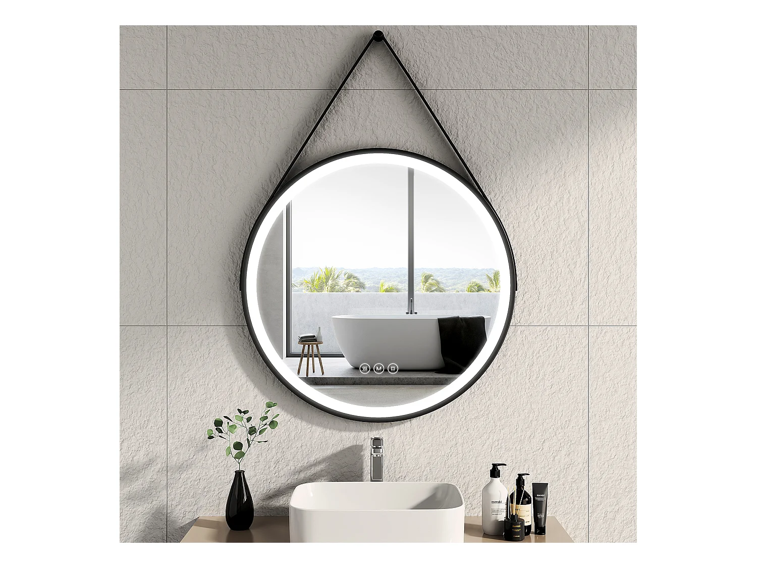 EMKE Miroir lumineux salle de bain rond diamètre 80cm cadre noir, Sangle réglable, Miroir LED, Interrupteur Tactile, Anti-buée, 3 couleurs Lumières