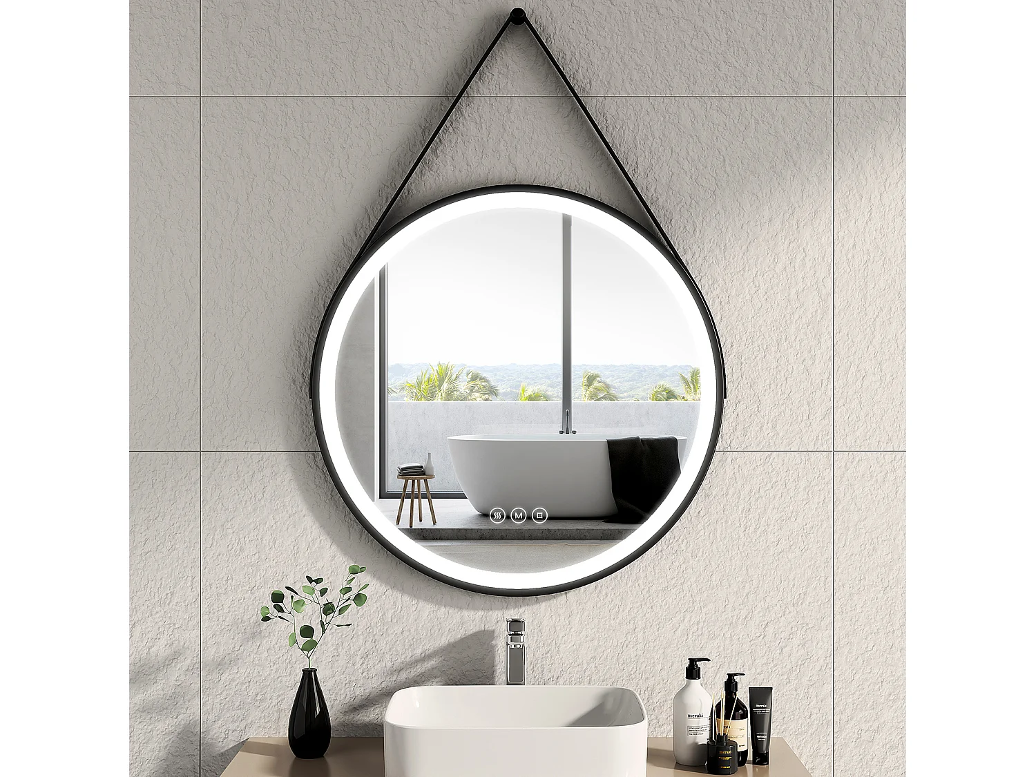 EMKE Miroir lumineux salle de bain rond diamètre 80cm cadre noir, Sangle réglable, Miroir LED, Interrupteur Tactile, Anti-buée, 3 couleurs Lumières