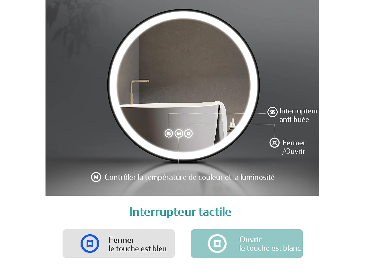 EMKE Miroir lumineux salle de bain rond diamètre 80cm cadre noir, Sangle réglable, Miroir LED, Interrupteur Tactile, Anti-buée, 3 couleurs Lumières