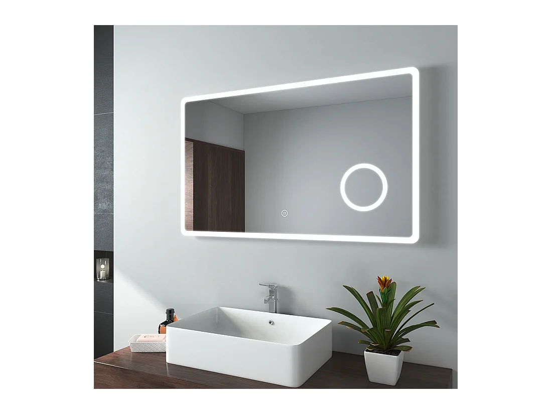 EMKE Specchio da bagno a LED con lente d'ingrandimento 3 volte 100x60cm, interruttore tattile, luce bianca fredda