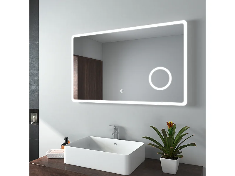 EMKE Miroir lumineux salle de bain 100x60cm, Miroir LED avec Interrupteur Tactile, 3x Grossissement, Miroir avec éclairage Lumière Blanche Froide