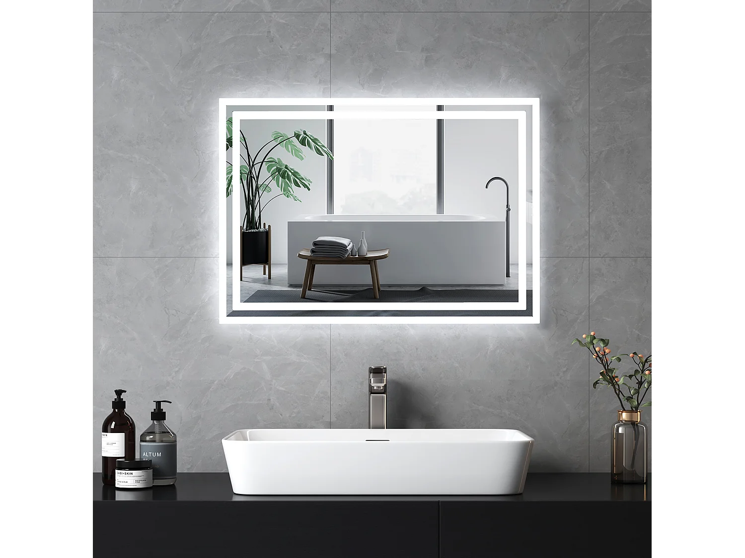 EMKE Verlicht badkamer spiegel 70x50cm, LED spiegel met knop, Anti-condens, Spiegel met verlichting koud/warm wit licht