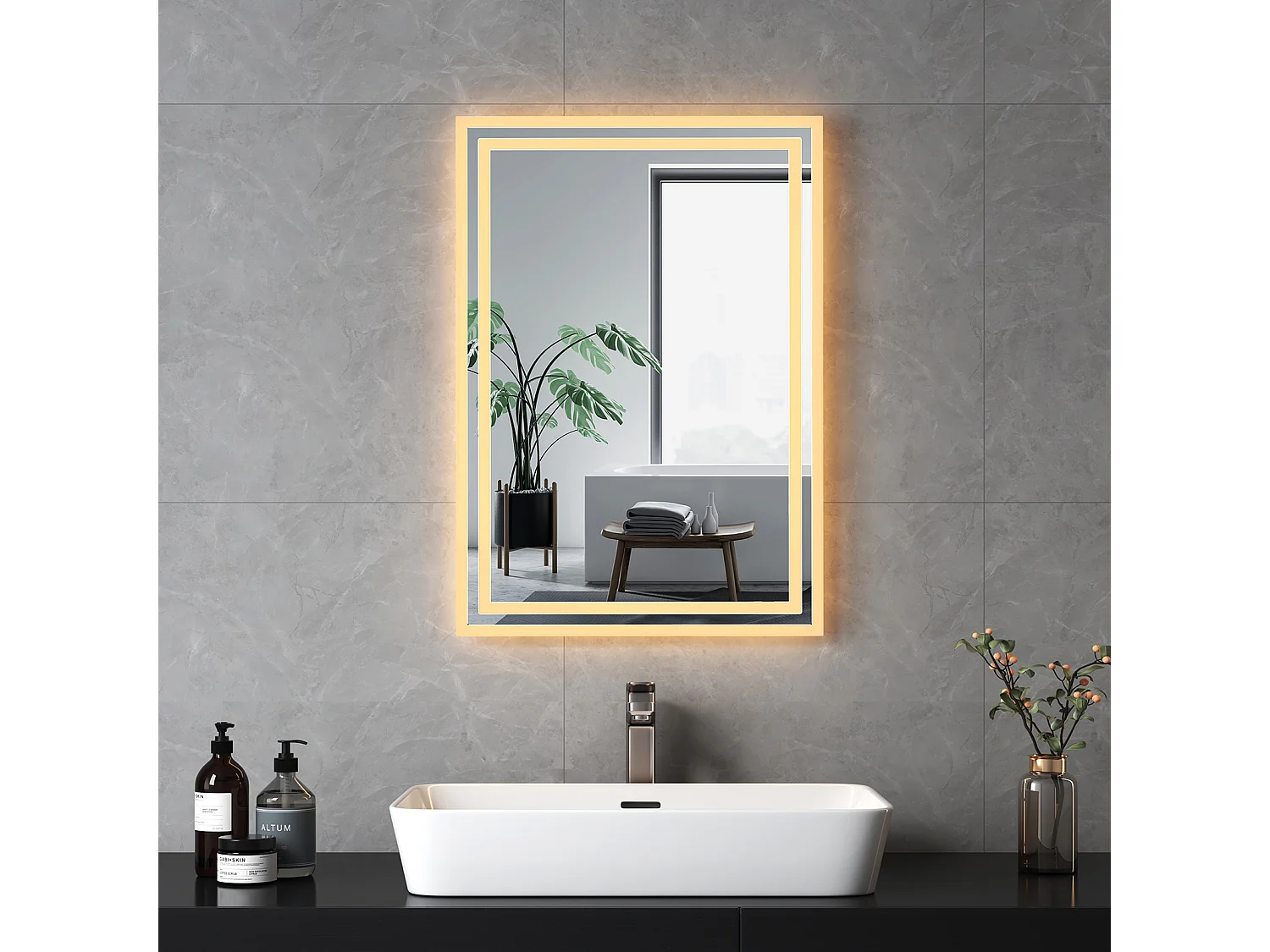 EMKE Verlicht badkamer spiegel 70x50cm, LED spiegel met knop, Anti-condens, Spiegel met verlichting koud/warm wit licht