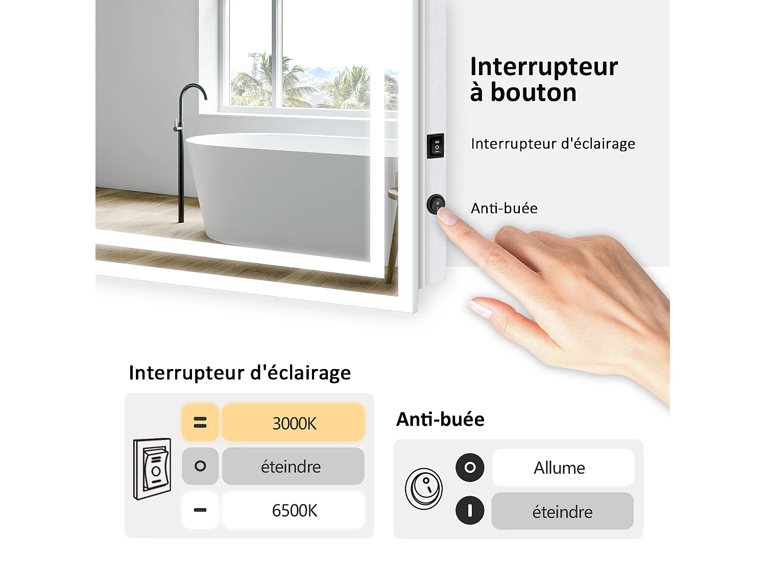 EMKE Verlicht badkamer spiegel 70x50cm, LED spiegel met knop, Anti-condens, Spiegel met verlichting koud/warm wit licht