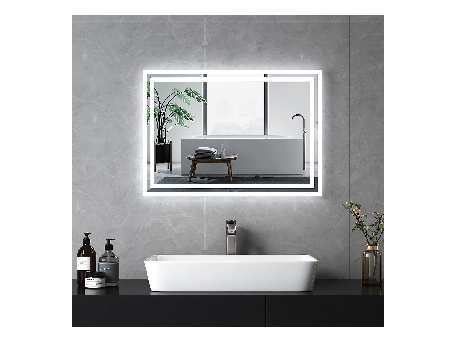 EMKE Miroir lumineux salle de bain 70x50cm, Miroir LED avec Interrupteur à bouton, Anti-buée, Miroir avec éclairage lumière Blanche Froide/Chaude