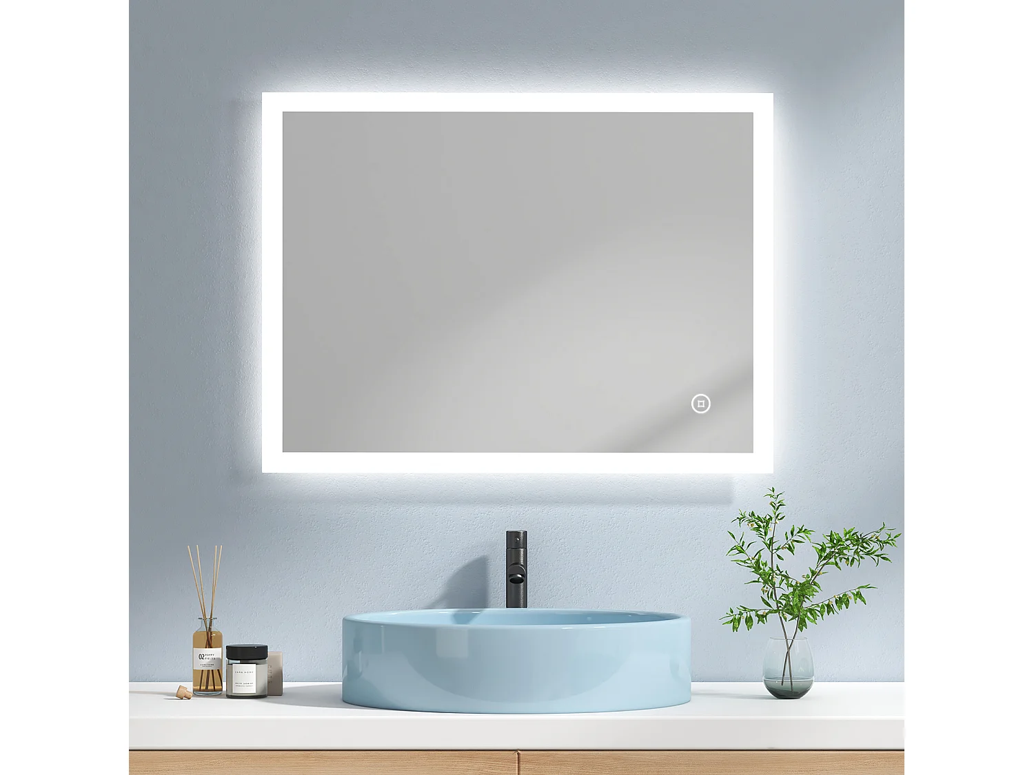 EMKE Miroir lumineux salle de bain 80x60cm, Miroir avec l'éclairage, Interrupteur Tactile, Anti-buée, Miroir LED avec 3 couleurs de Lumières