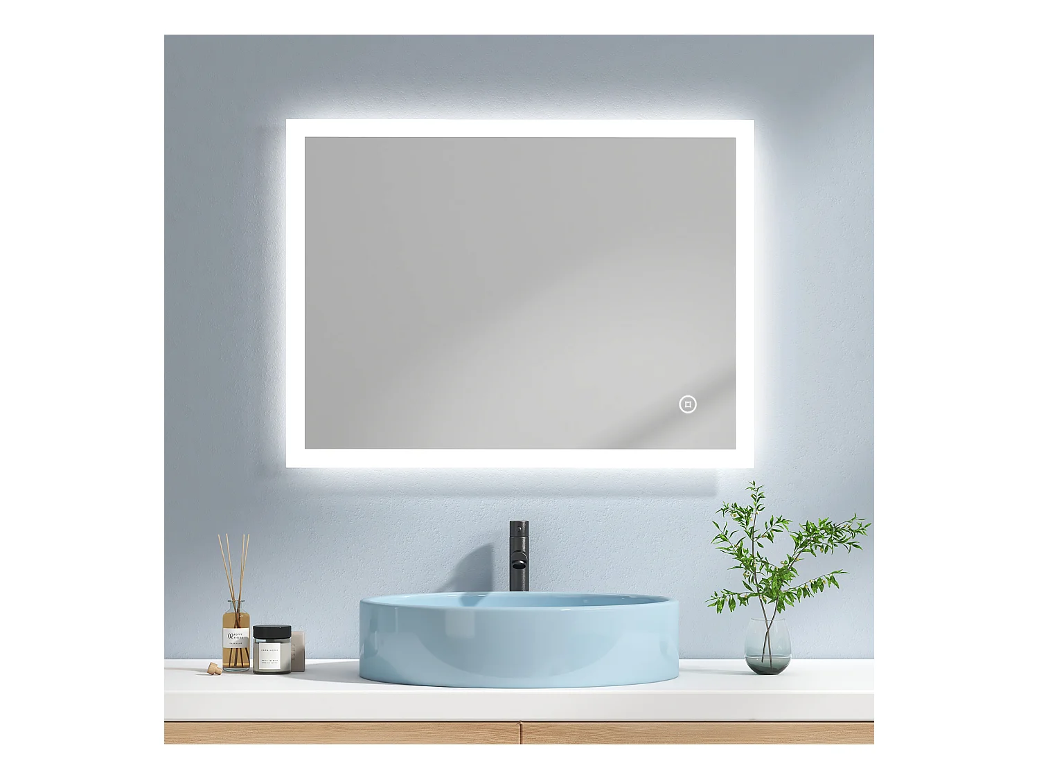 EMKE Miroir lumineux salle de bain 80x60cm, Miroir avec l'éclairage, Interrupteur Tactile, Anti-buée, Miroir LED avec 3 couleurs de Lumières